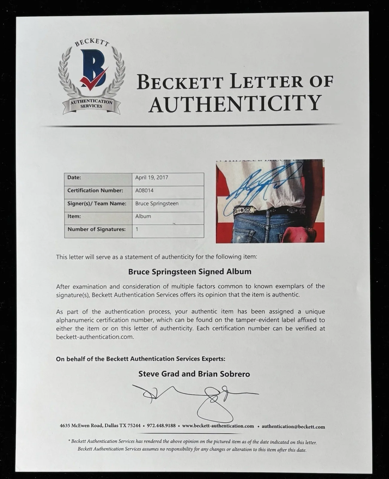 BRUCE SPRINGSTEEN SIGNED AUTOGRAPH BORN IN THE USA LP VINYL BECKETT BAS THE BOSS, image 4