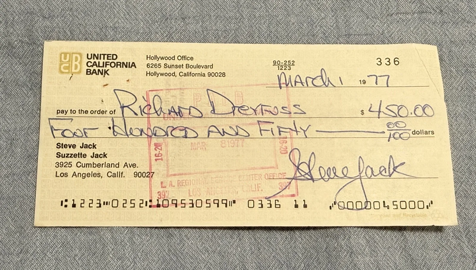 Richard Dreyfuss — Canceled check dated 3-1-1977 signed by Richard Dreyfuss, image 2