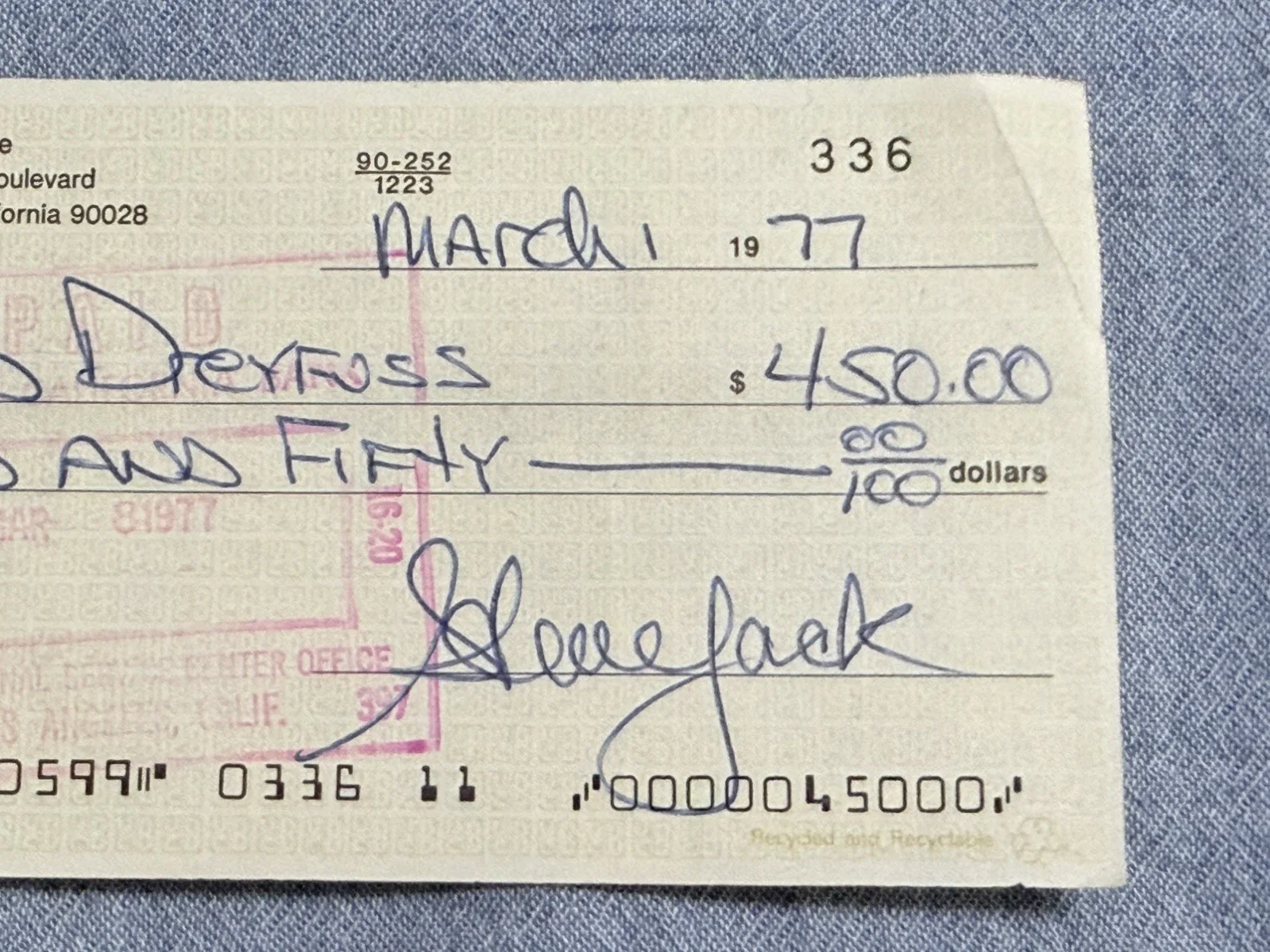 Richard Dreyfuss — Canceled check dated 3-1-1977 signed by Richard Dreyfuss, image 3