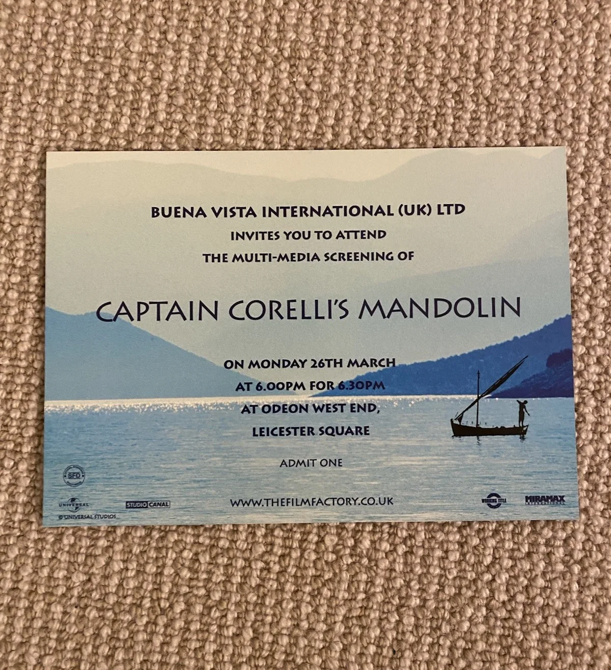 CAPTAIN CORELLI’S MANDOLIN - MULTI MEDIA SCREENING TICKET - LONDON 2001, image 2