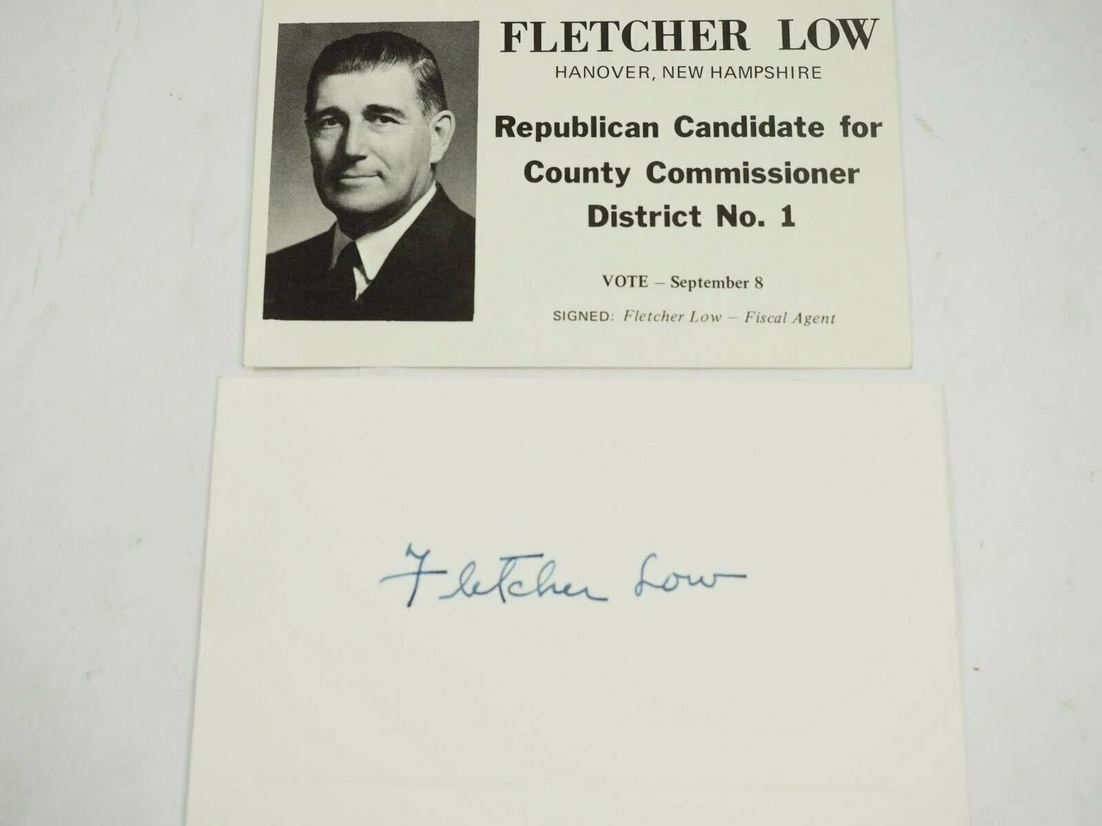 Fletcher Low — Fletcher Low Autograph Index card and Political Campaign card, image 2