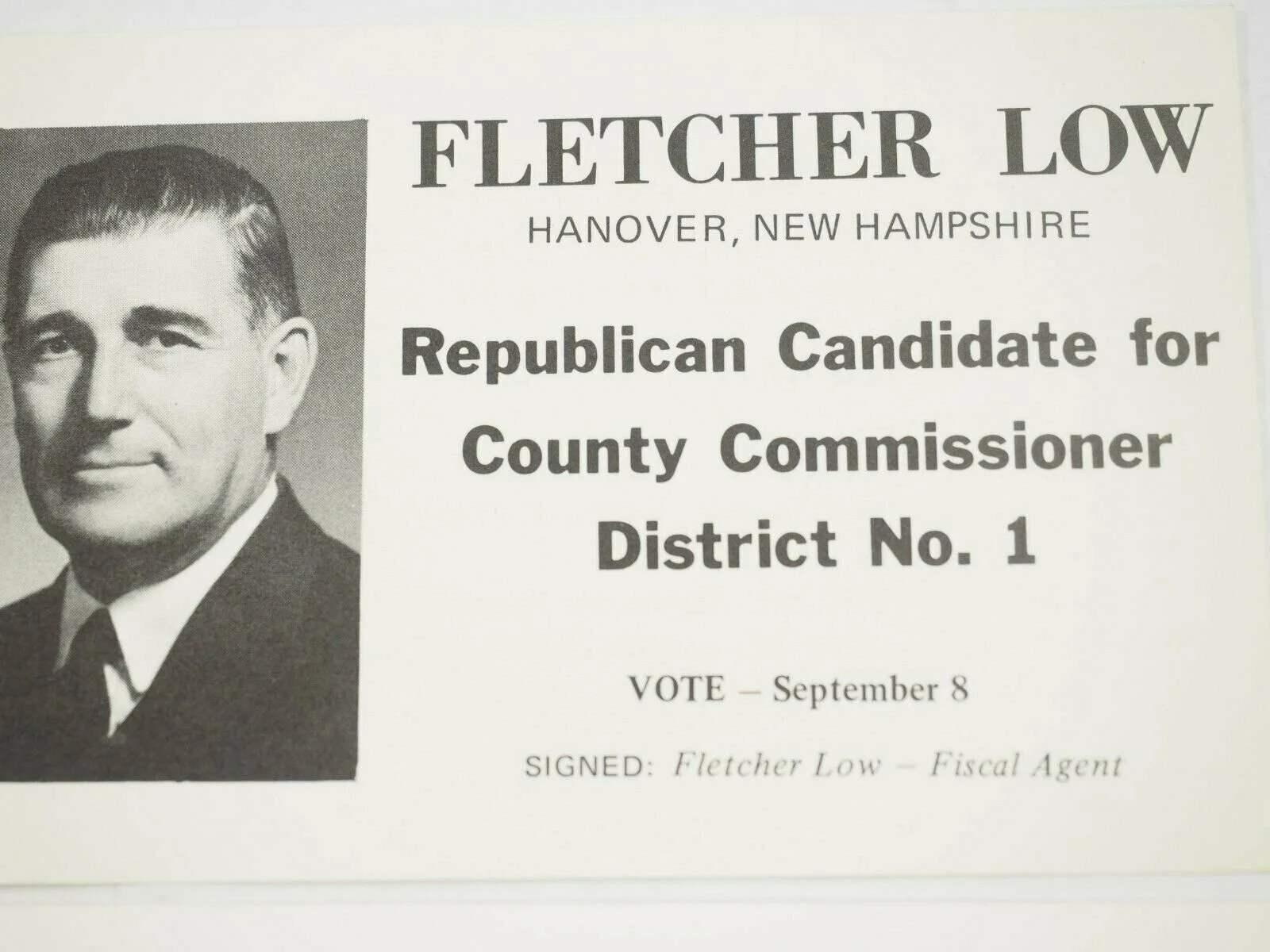 Fletcher Low — Fletcher Low Autograph Index card and Political Campaign card, image 3