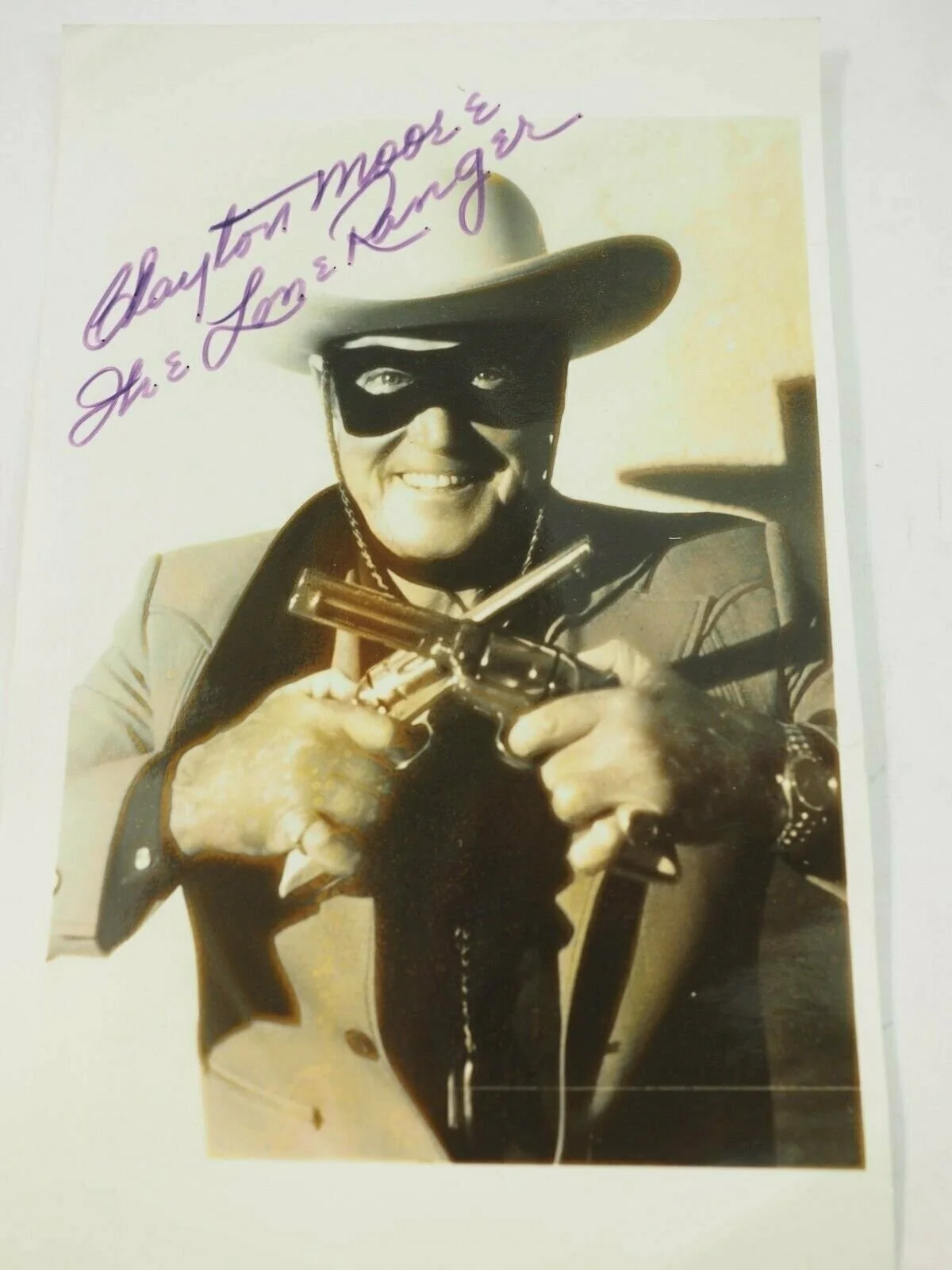 Jackie Gleason — Clayton Moore Lone Ranger crossed guns Autographed 5 x 8" B&W Photo