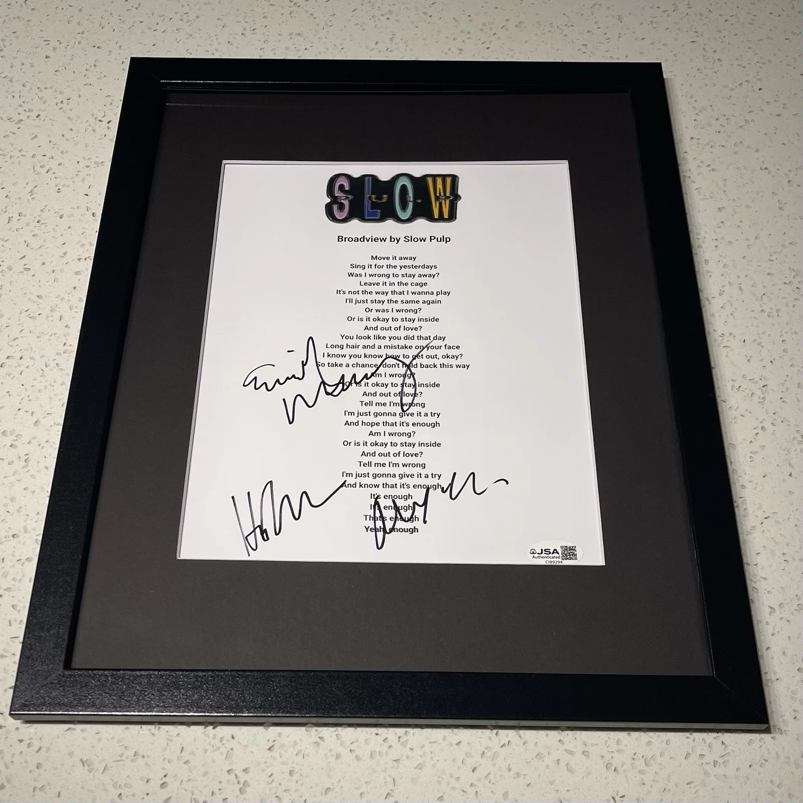 SLOW PULP BAND SIGNED BROADVIEW ALBUM LYRIC SHEET EMILY FRAMED AUTOGRAPH JSA COA, изображение 2
