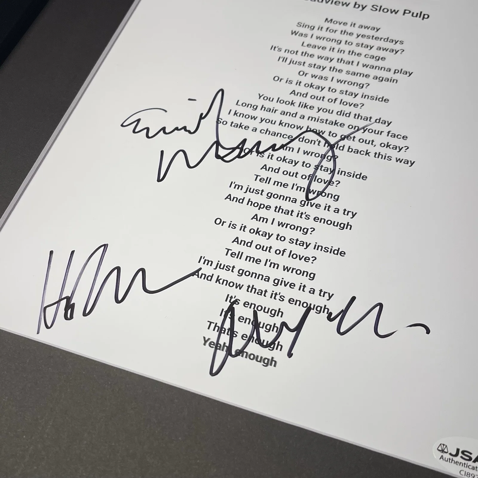 SLOW PULP BAND SIGNED BROADVIEW ALBUM LYRIC SHEET EMILY FRAMED AUTOGRAPH JSA COA, изображение 3