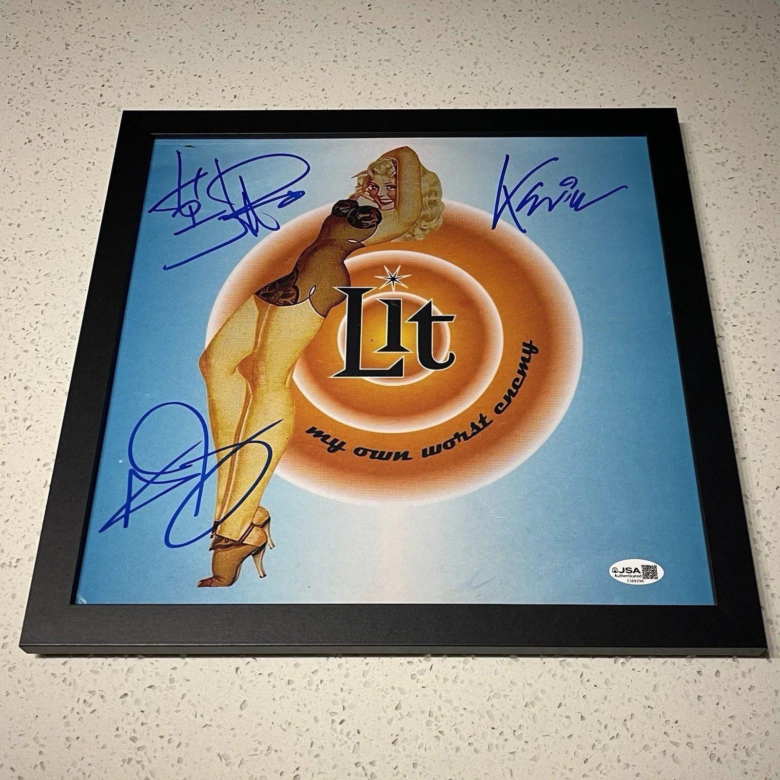LIT BAND SIGNED MY OWN WORST ENEMY 12x12 PHOTO POSTER AUTOGRAPH FRAMED JSA COA, image 2