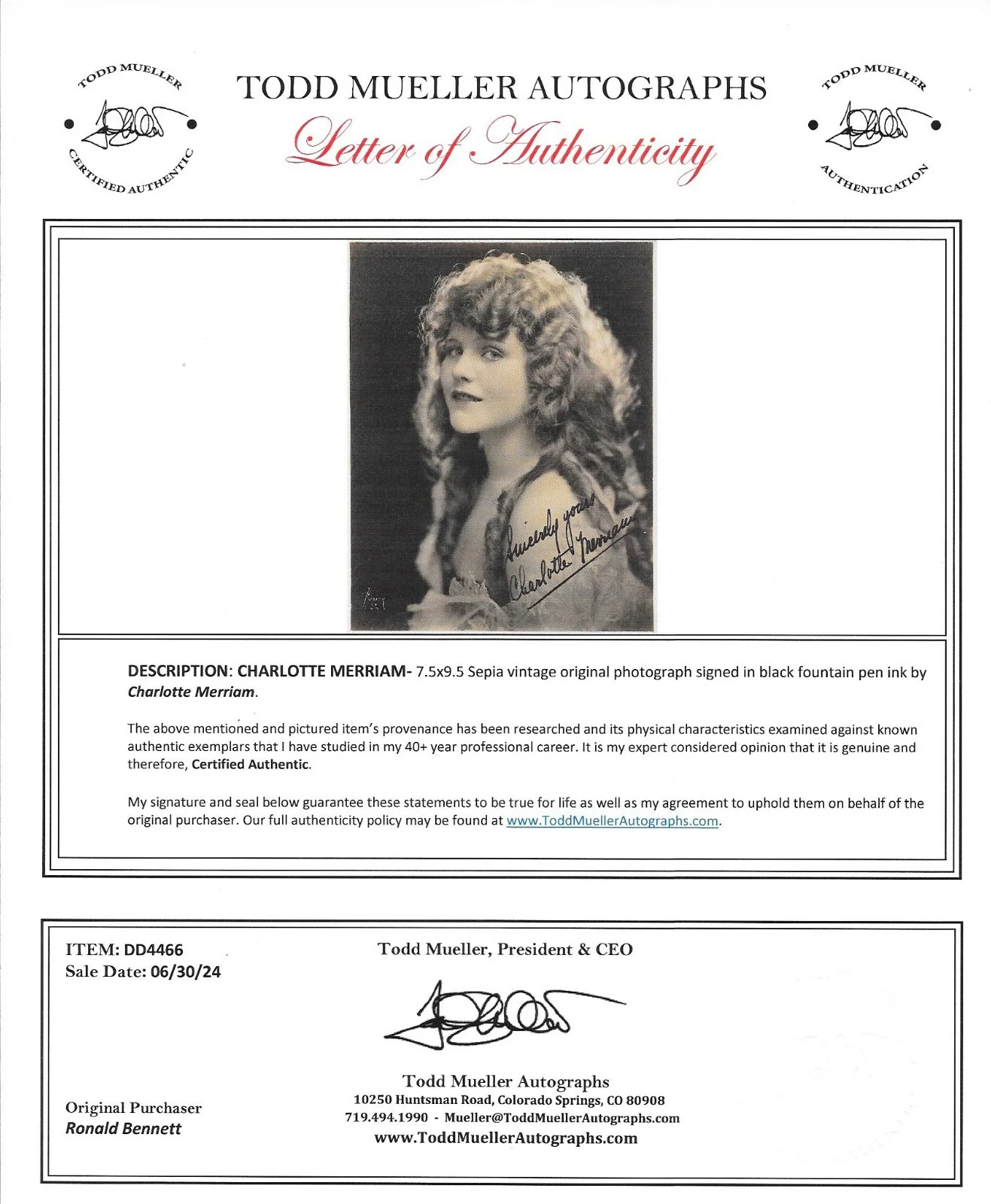 Charlotte Merriam — Charlotte Merriam Signed Sephia 7.5X9.5 Photo LOA COA 1903 - 1972, изображение 3