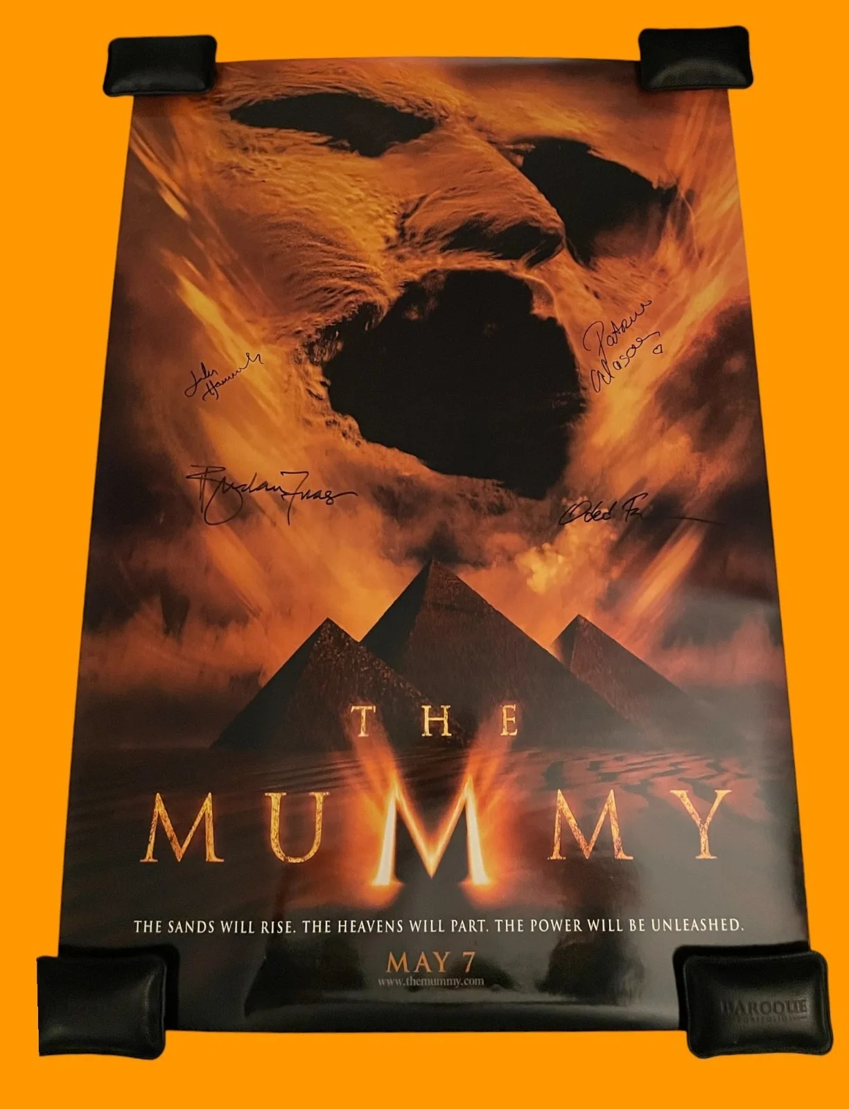 Brendan Fraser, John Hannah, Oded Fehr & Patricia Velasquez — Brendan Fraser +3 Signed 27x40 Mummy Original International DS Poster JSA COA