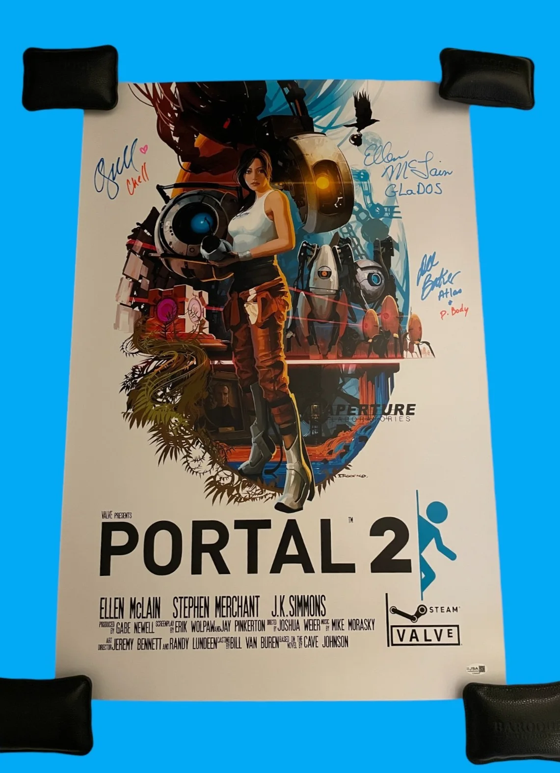Alesia Glidewell, Ellen McLain, Dee Bradley Baker — Alesia Glidewell & Ellen McLain +1 Signed 20x30 Portal 2 Auto Poster JSA COA