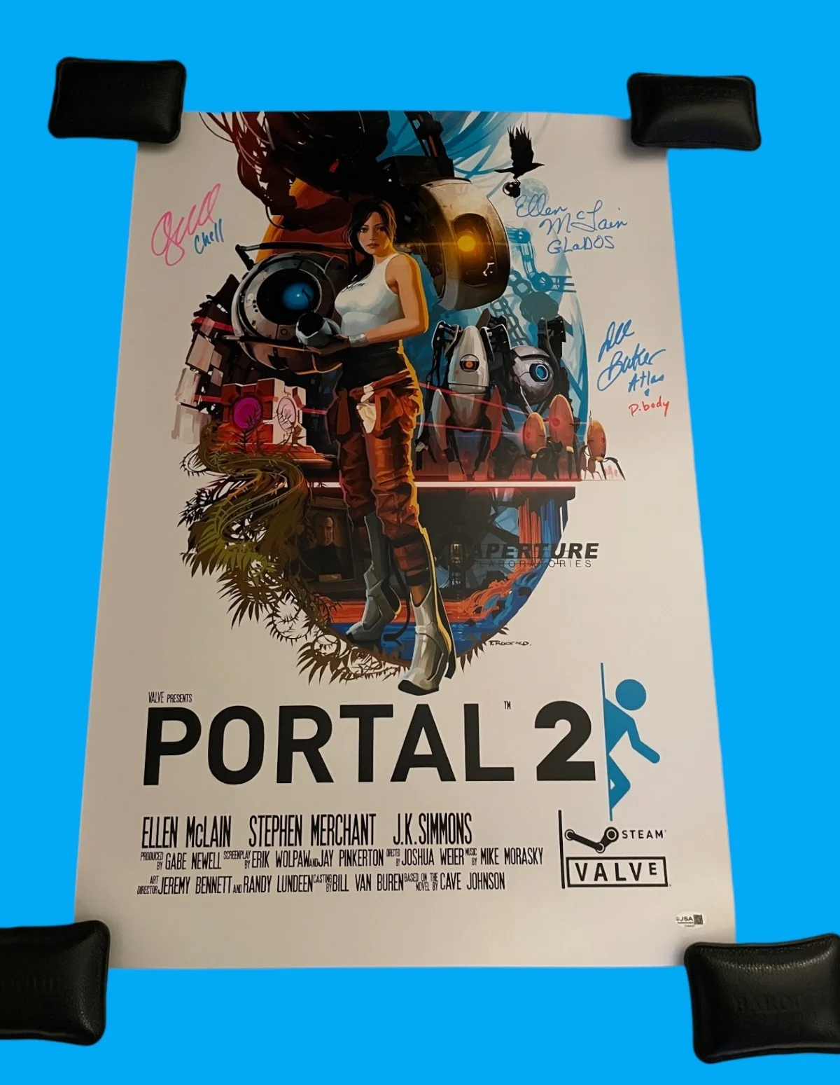 Alesia Glidewell, Ellen McLain, Dee Bradley Baker — Alesia Glidewell & Ellen McLain +1 Signed 20x30 Portal 2 Auto Poster JSA COA