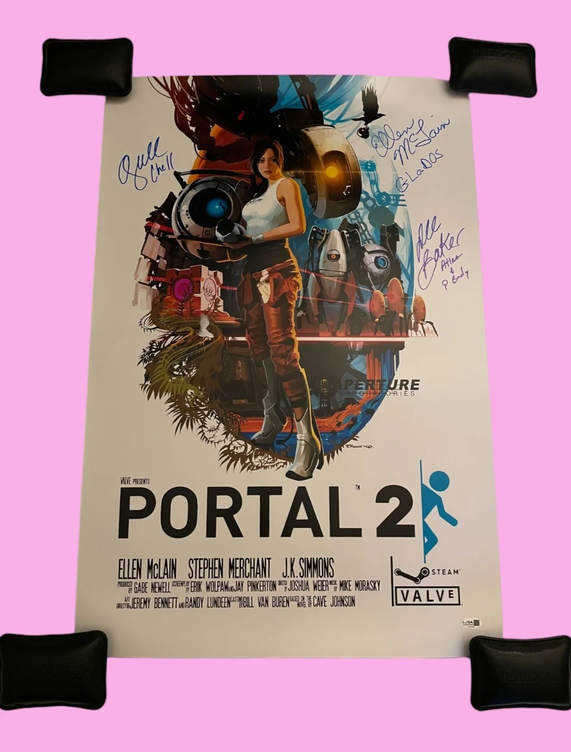 Alesia Glidewell, Ellen McLain, Dee Bradley Baker — Alesia Glidewell & Ellen McLain +1 Signed 20x30 Portal 2 Auto Poster JSA COA