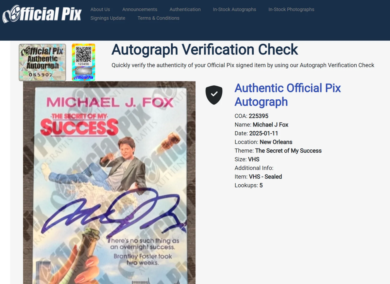 Michael J Fox — Michael J Fox Signed 1987 VHS - Official Pix COA & Hologram – FanExpo ‘25 RARE !, image 3