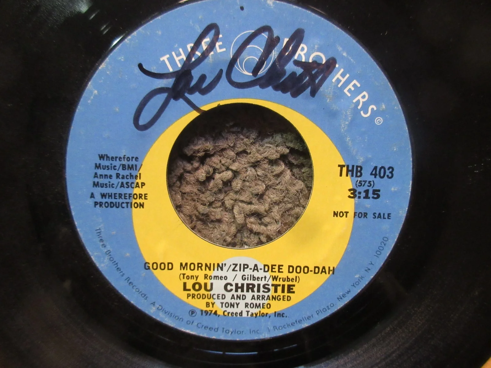 LOU CHRISTIE "GOOD MORNING/ZIP-A-DEE..." 1974 THREE BROS. PROMO SIGNED 7" SINGLE, изображение 2