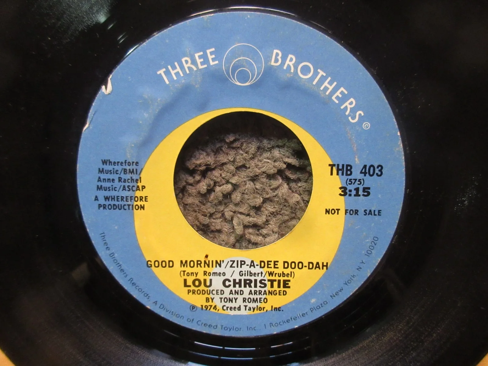 LOU CHRISTIE "GOOD MORNING/ZIP-A-DEE..." 1974 THREE BROS. PROMO SIGNED 7" SINGLE, изображение 4