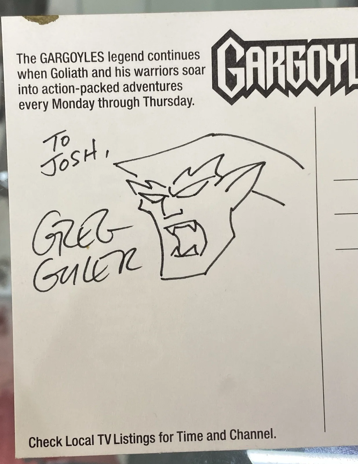 Greg Guler — GREG GULER + 5 OTHER AUTOGRAPHS - GARGOYLES POSTCARD, image 4