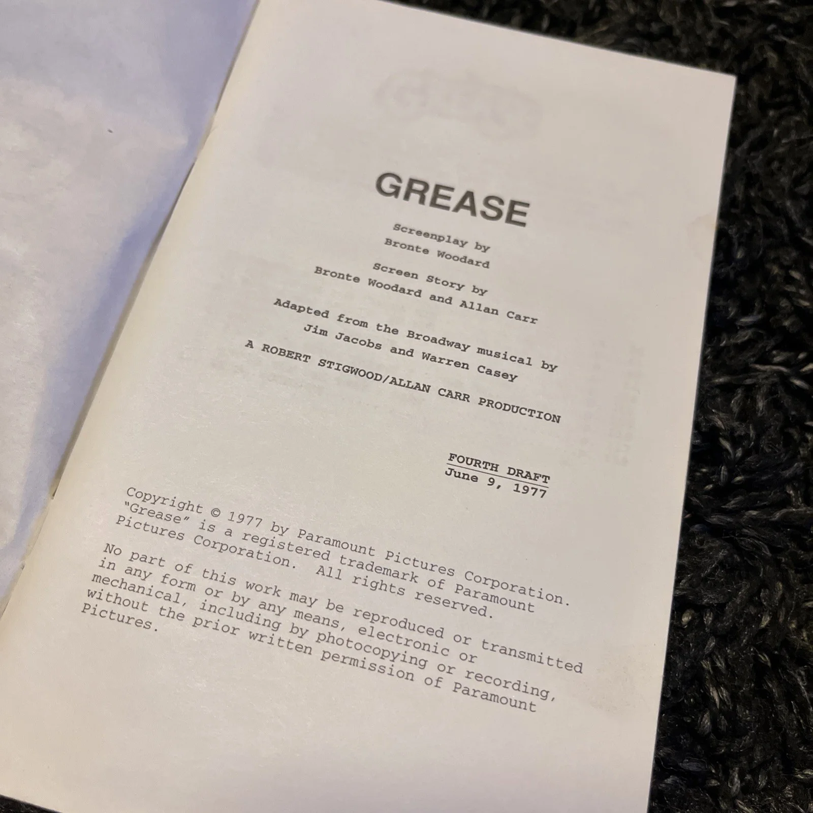 Paramount Pictures “Grease Is Still The Word” Screenplay - 4th Draft 1977, image 2