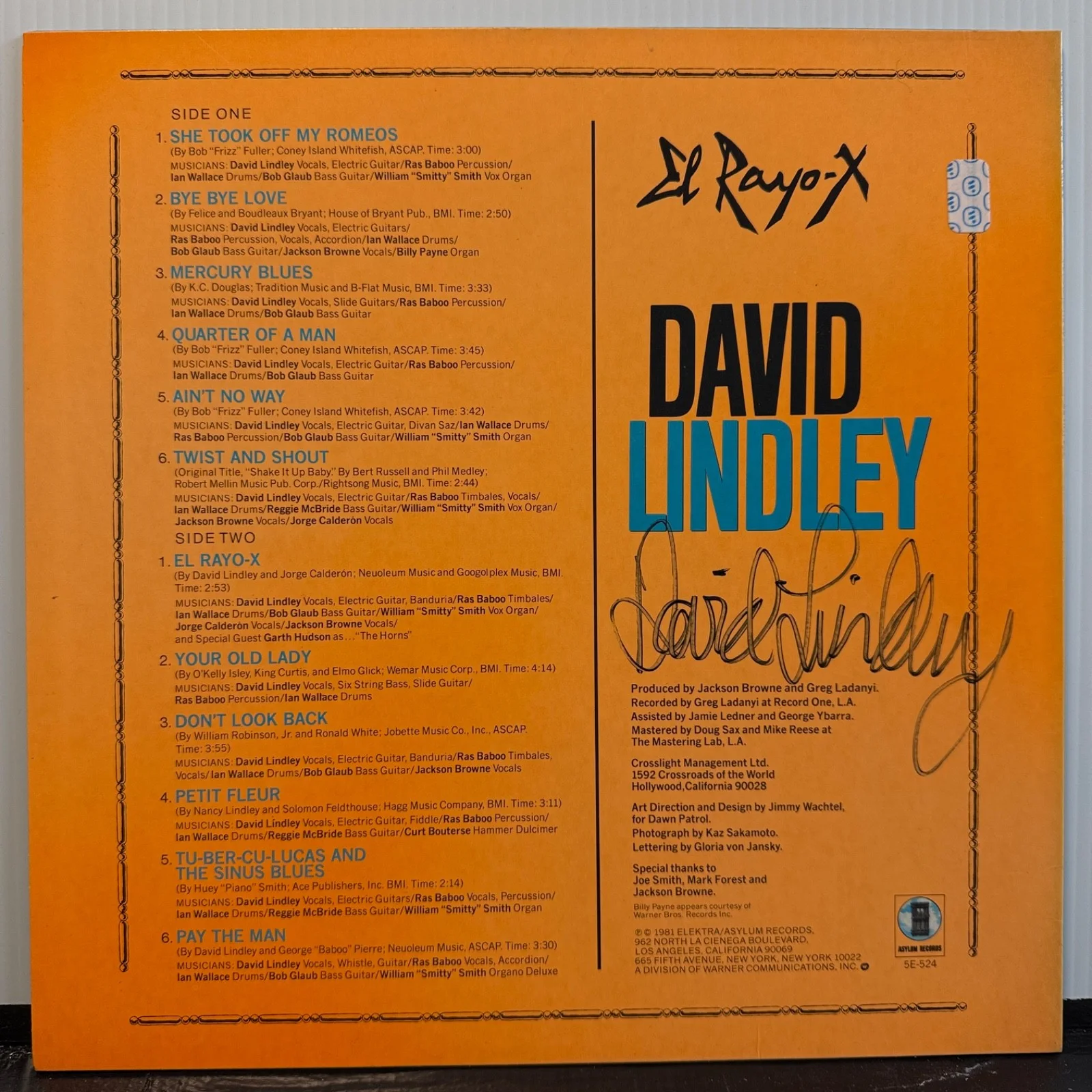 DAVID LINDLEY “El Rayo-X” AUTOGRAPHED vinyl album 5E-524 ASYLUM w/inner NM/NM!, изображение 2