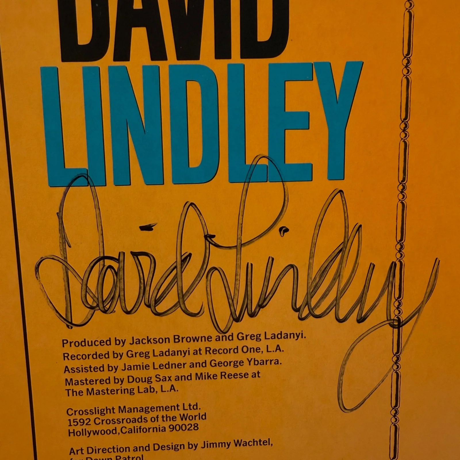 DAVID LINDLEY “El Rayo-X” AUTOGRAPHED vinyl album 5E-524 ASYLUM w/inner NM/NM!, изображение 3
