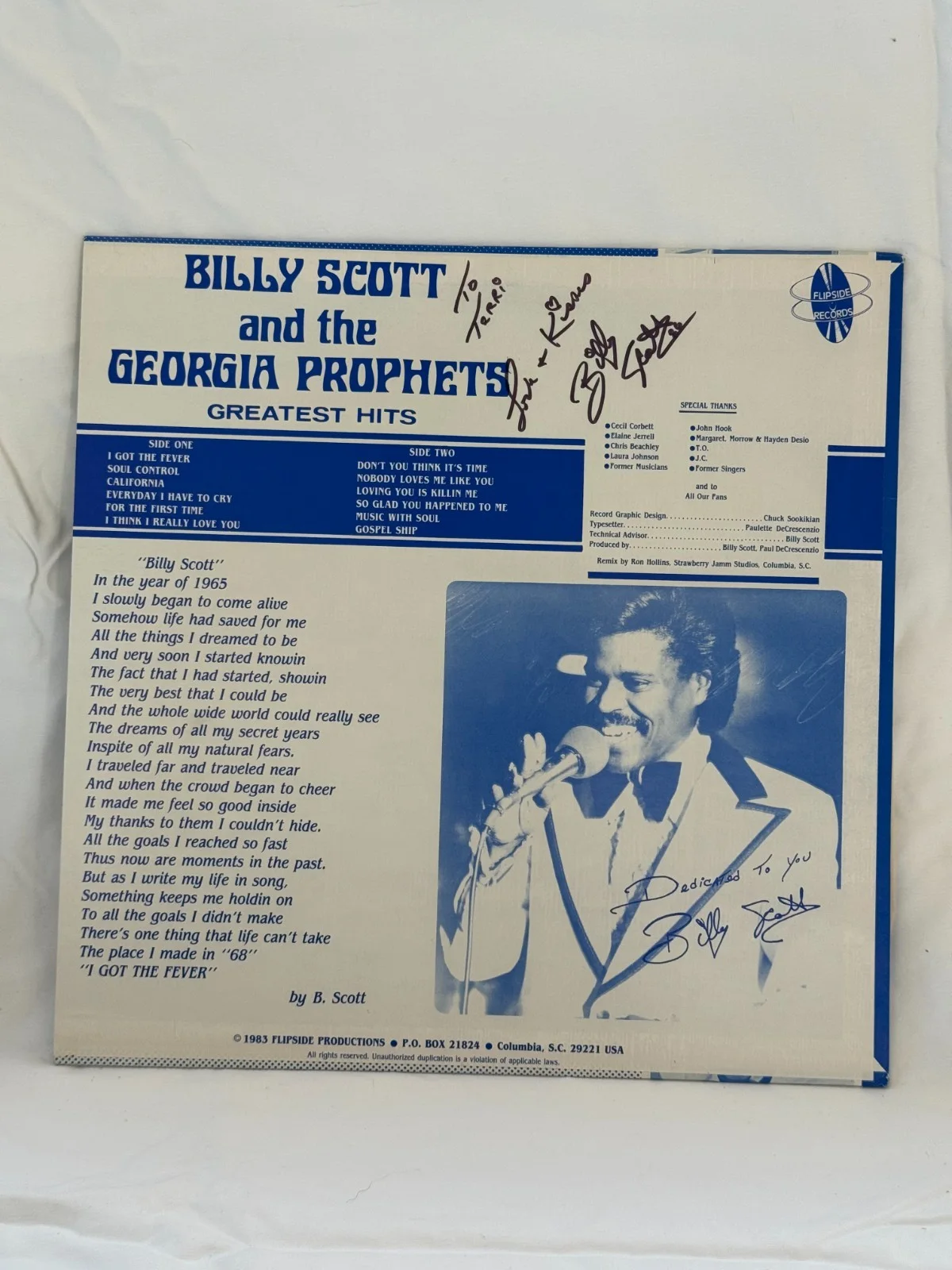 Billy Scott - Twice Signed Greatest Hits Dedicated To You Vinyl Cover w/ Record, изображение 2