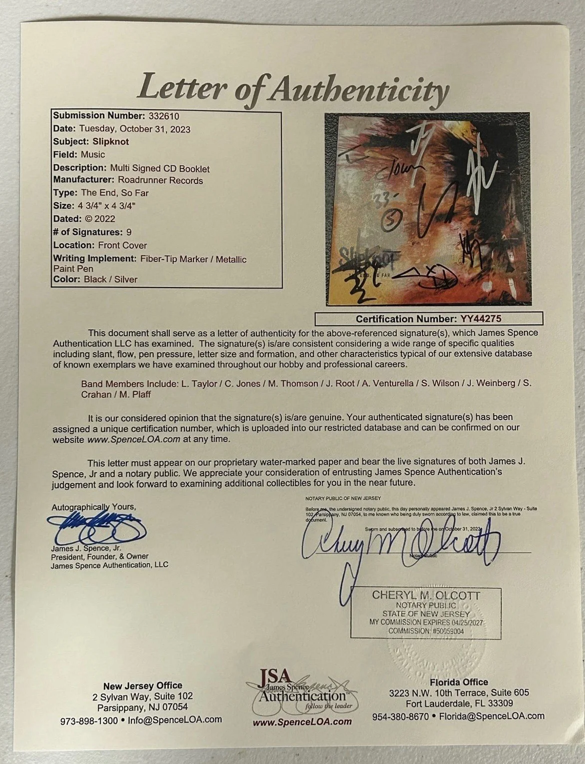 SLIPKNOT AUTOGRAPHED SIGNED FRAMED THE END CD COVER JSA COA LETTER # YY44275, image 2