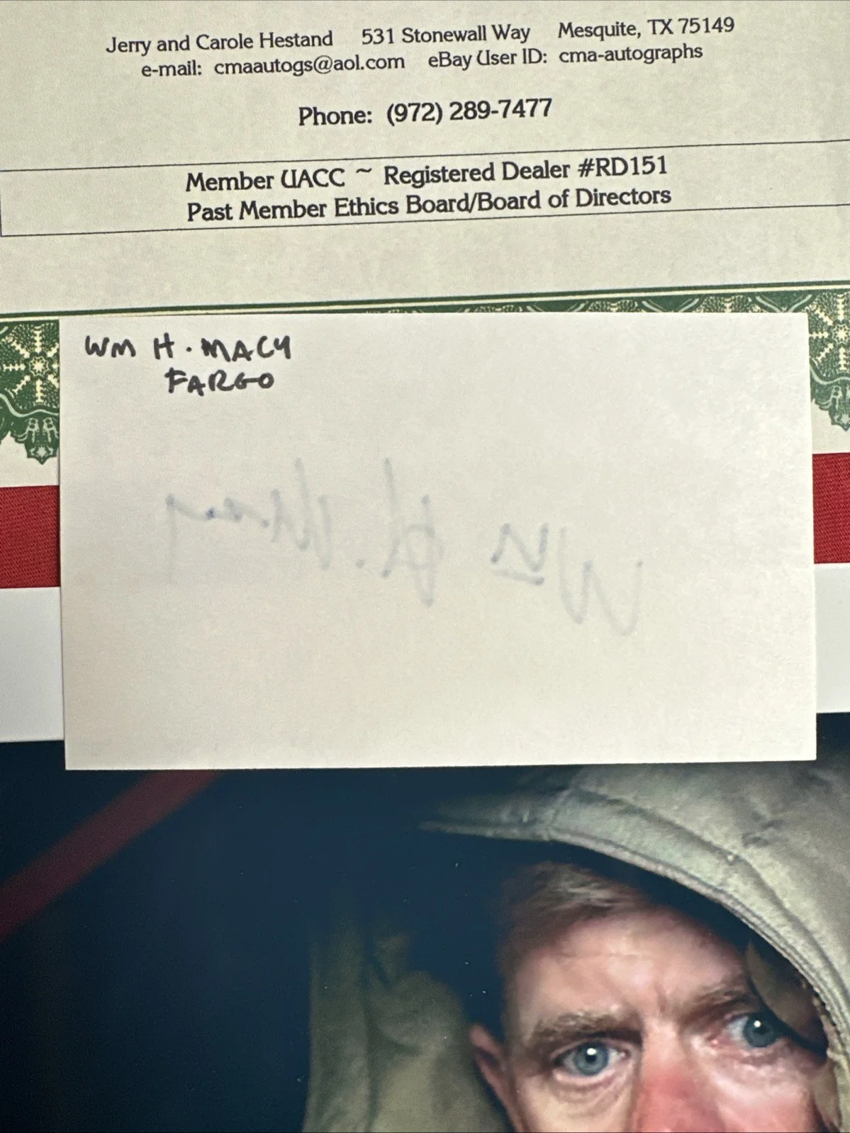 William H Macy — William H Macy Signed 3 X 5 White Card Plus Photo Fargo COA, image 3
