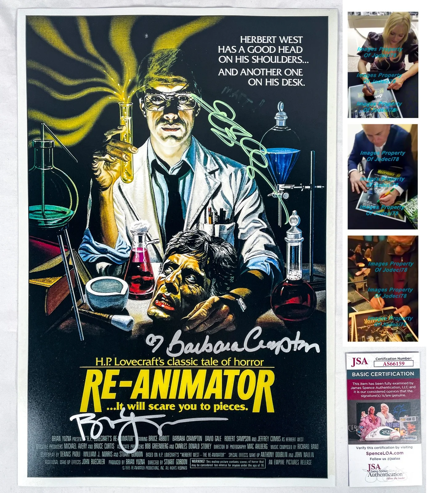 Brian Yuzna, Jeffrey Combs, Barbara Crampton — Barbara Crampton Jeffrey Combs Signed RE-ANIMATOR 12x18 Photo EXACT Proof JSA B