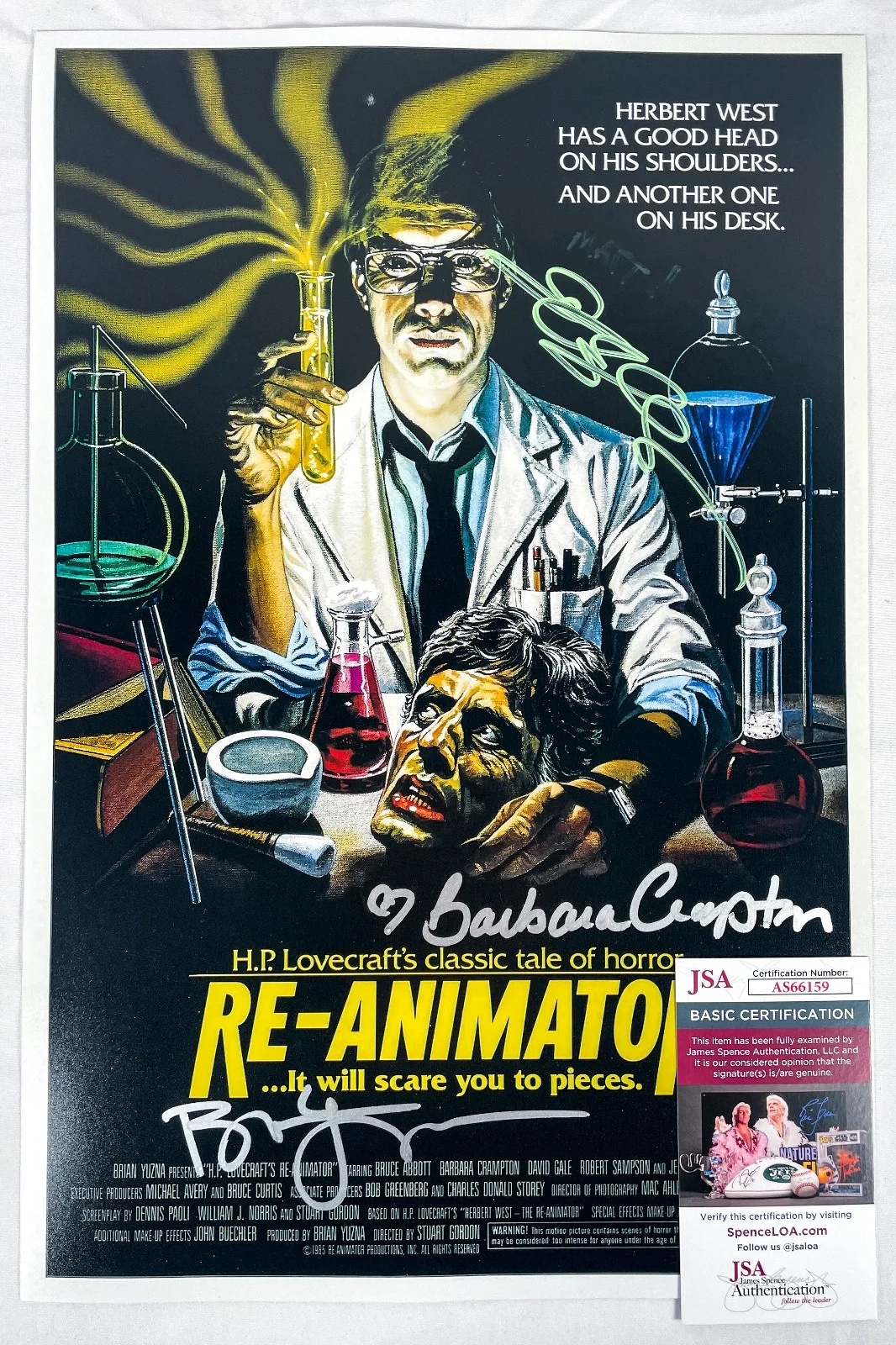 Brian Yuzna, Jeffrey Combs, Barbara Crampton — Barbara Crampton Jeffrey Combs Signed RE-ANIMATOR 12x18 Photo EXACT Proof JSA B, изображение 2