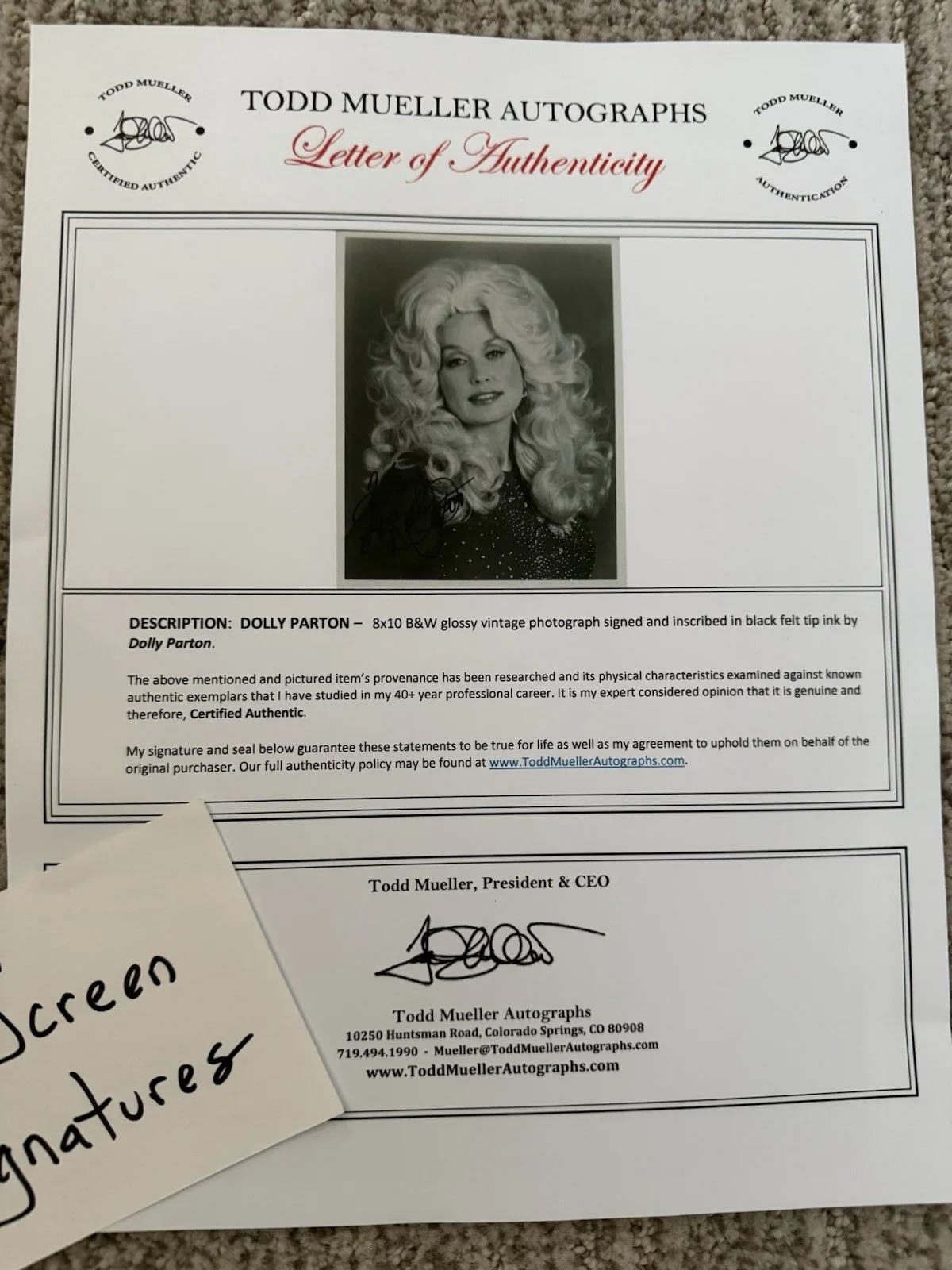 Dolly Parton SIGNED Vintage Icon PHOTO Autograph COA To Gary, изображение 4