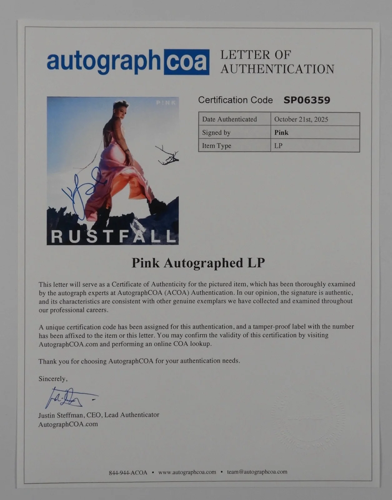 P!NK ACOA Signed Autograph Record Album Vinyl Trustfall PINK, image 4