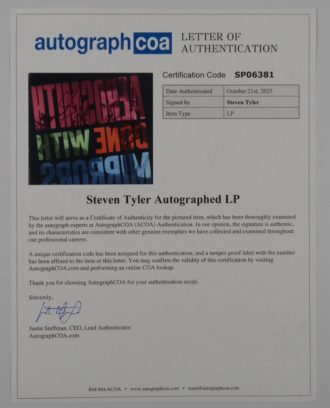 Steven Tyler Aerosmith ACOA Signed Autograph Album Record Cover, изображение 4