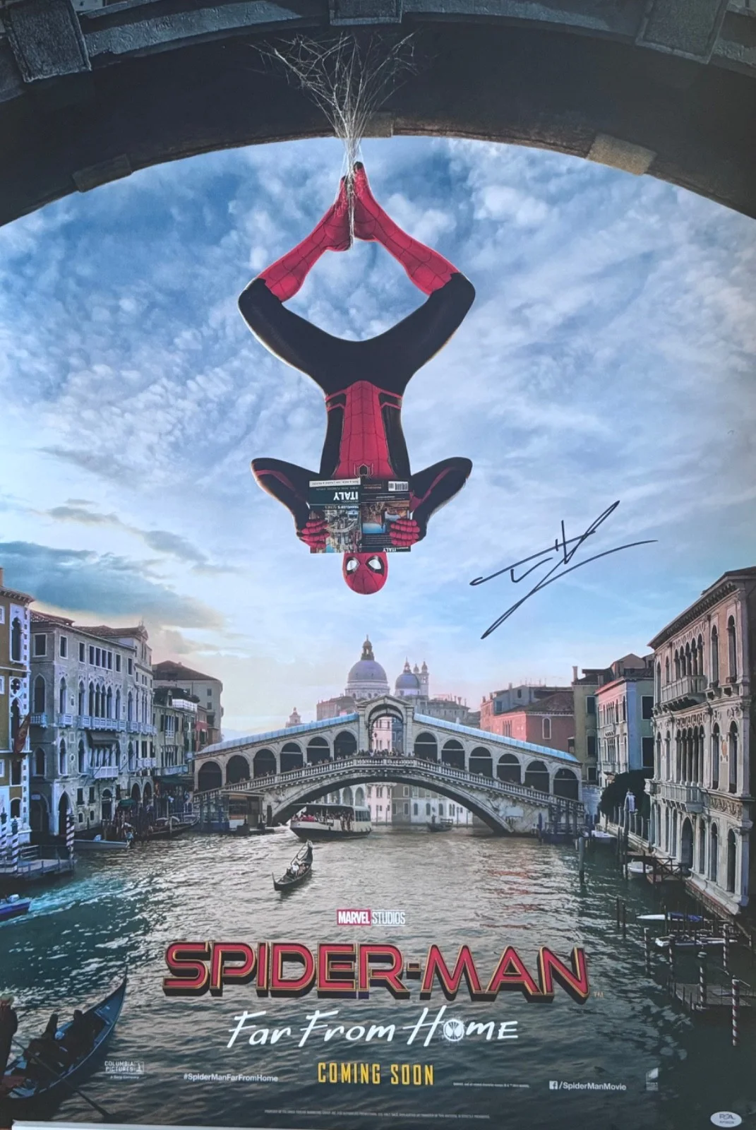 Tom Holland — Signed Tom Holland Movie Poster Spider-Man Far From Home Marvel 27x40 Auto PSA