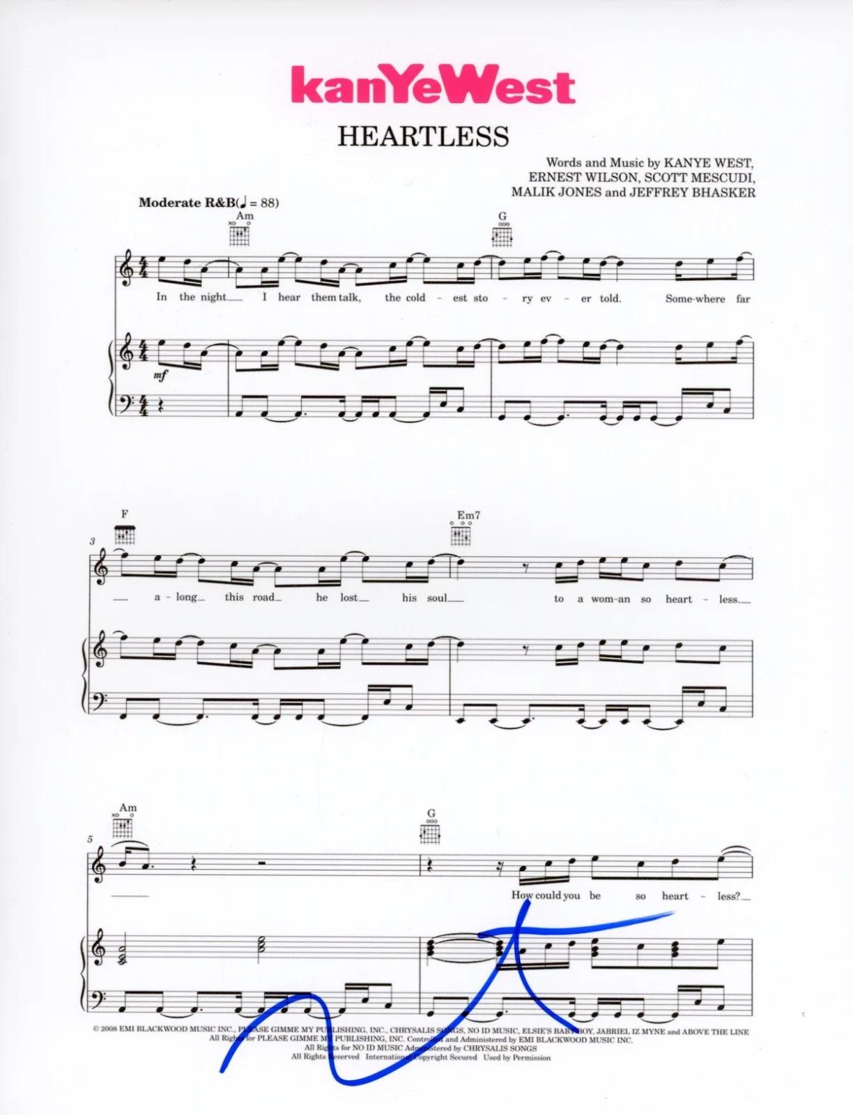 Kanye West Signed Autograph "Heartless" Sheet Music 8.5x11 Ye Rapper ACOA COA, изображение 2