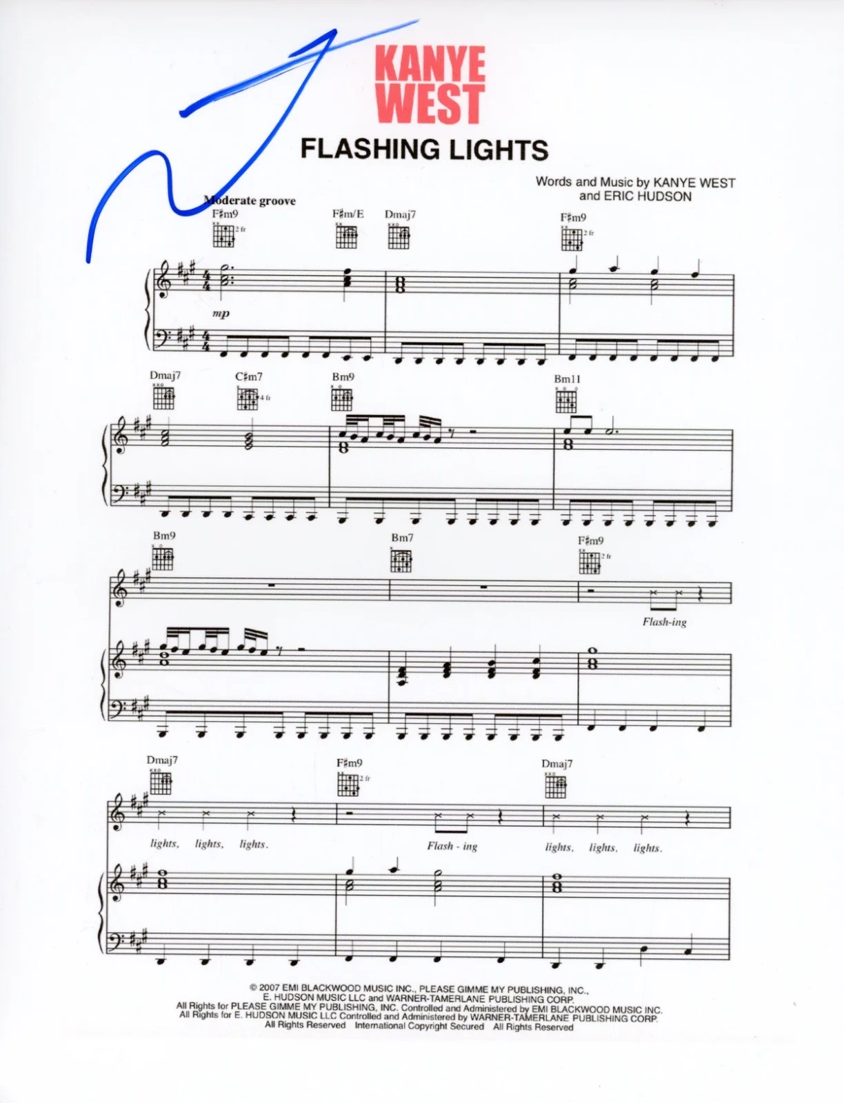 Kanye West Signed Autograph "Flashing Lights" Sheet Music 8.5x11 Ye Rap ACOA COA, image 2