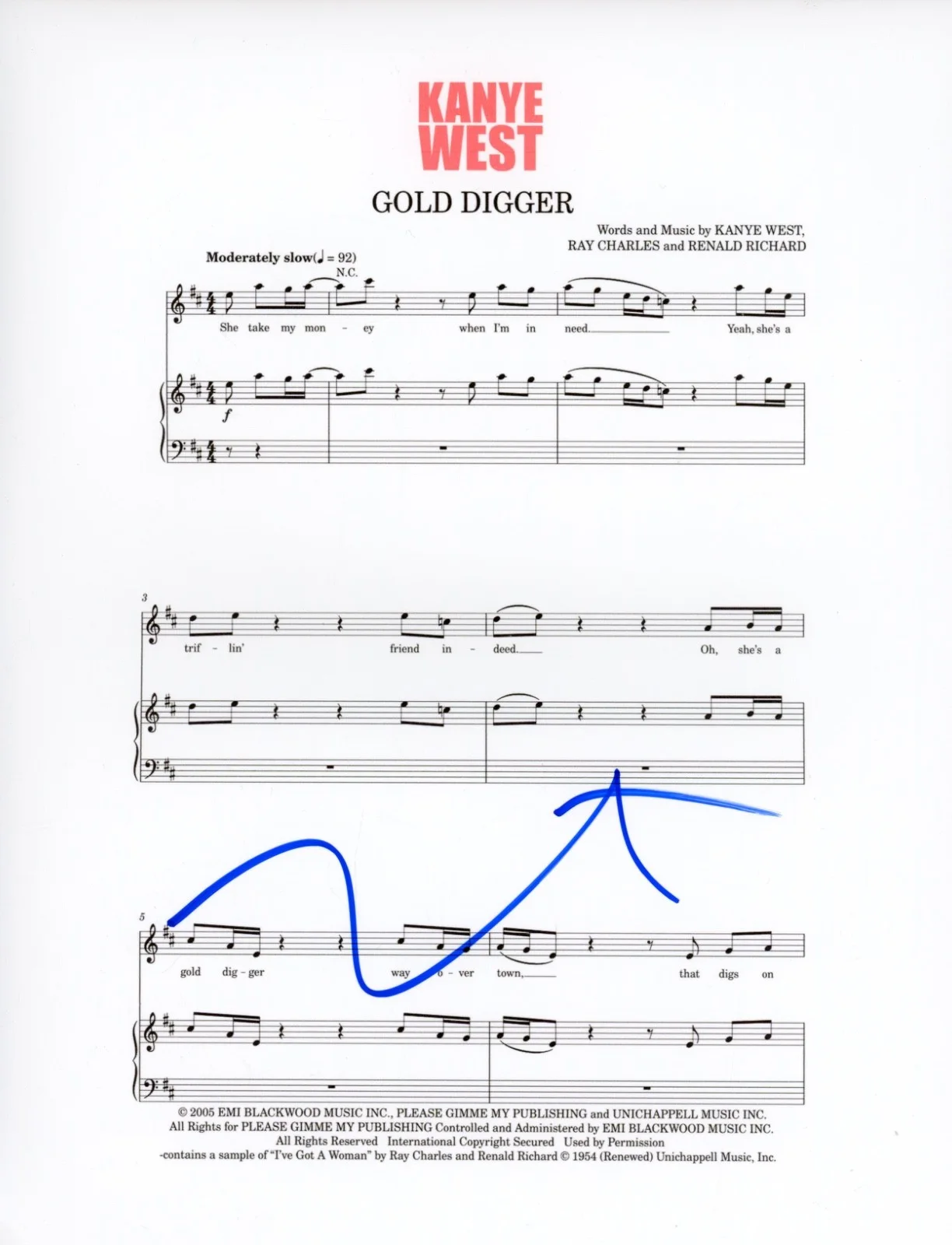 Kanye West Signed Autograph "Gold Digger" Sheet Music 8.5x11 Ye Rapper ACOA COA, изображение 2