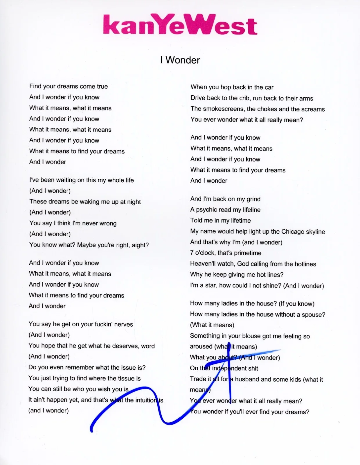 Kanye West Signed Autograph "I Wonder" Lyric Sheet 8.5x11 Ye Rapper ACOA COA, изображение 2