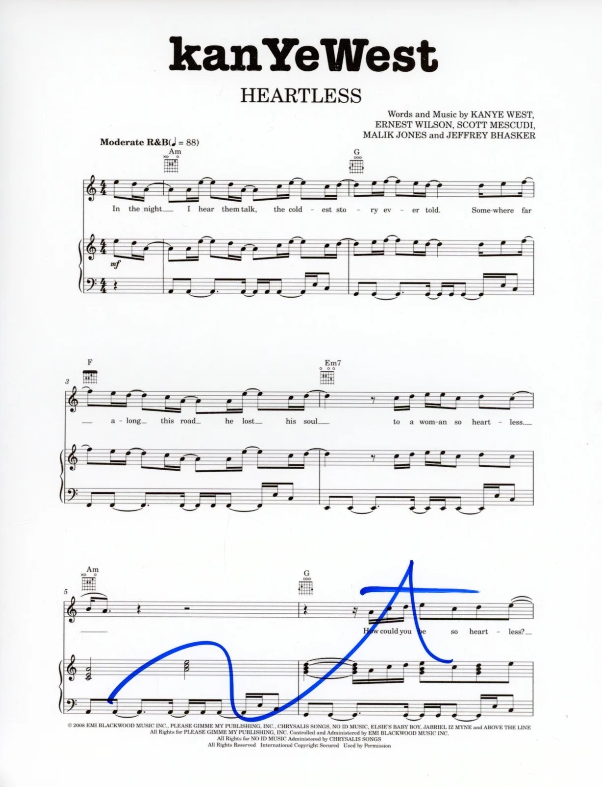 Kanye West Signed Autograph "Heartless" Sheet Music 8.5x11 Ye Rapper ACOA COA, изображение 2