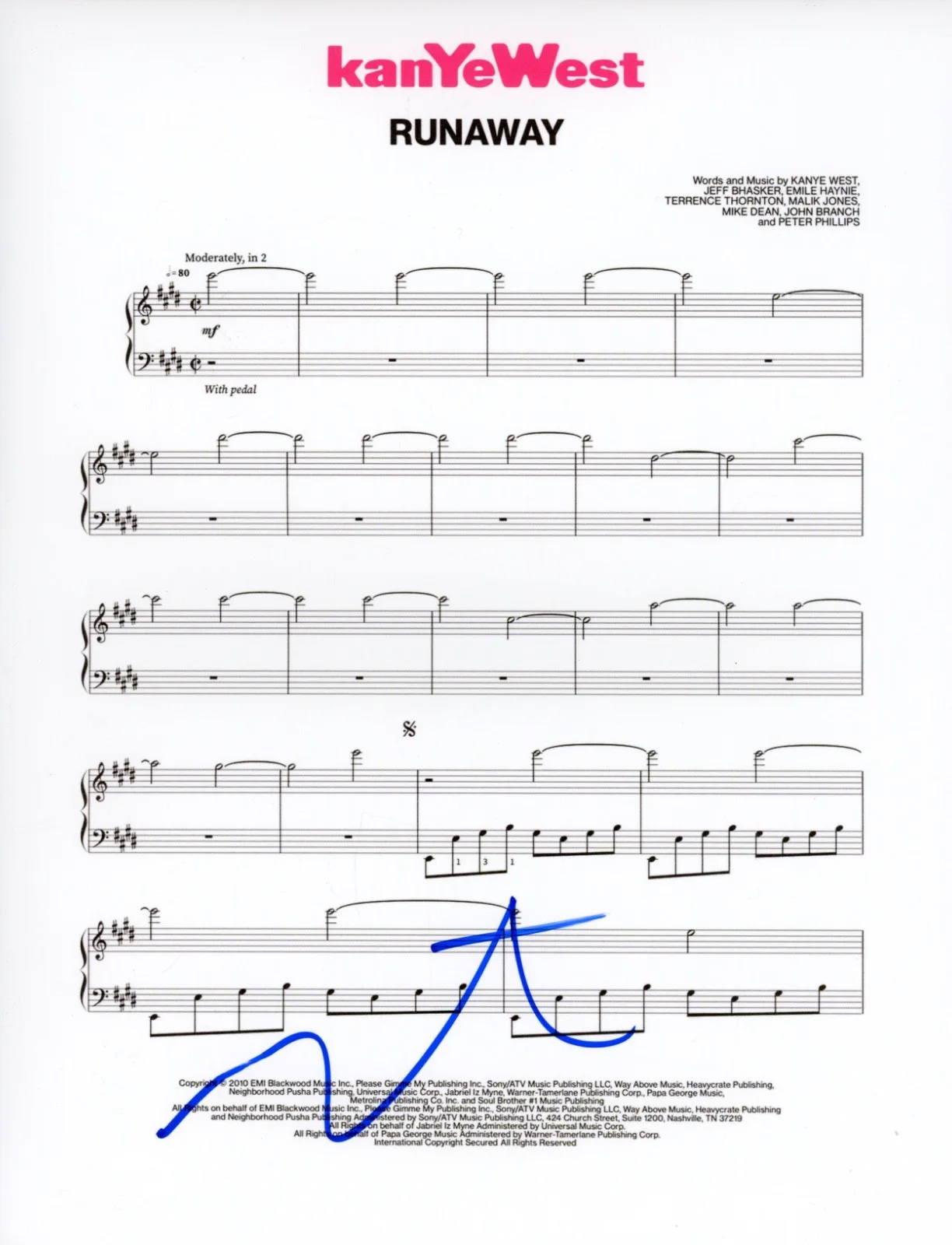 Kanye West Signed Autograph "Runaway" Sheet Music 8.5x11 Ye Rapper ACOA COA, изображение 2