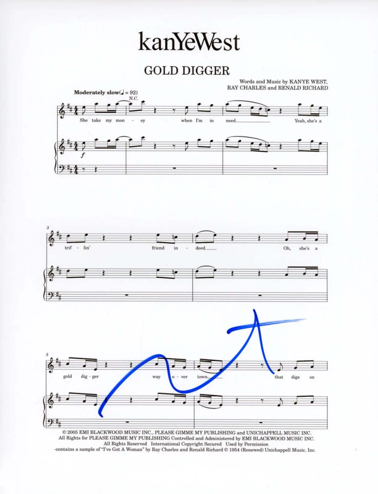 Kanye West Signed Autograph "Gold Digger" Sheet Music 8.5x11 Ye Rapper ACOA COA, изображение 2