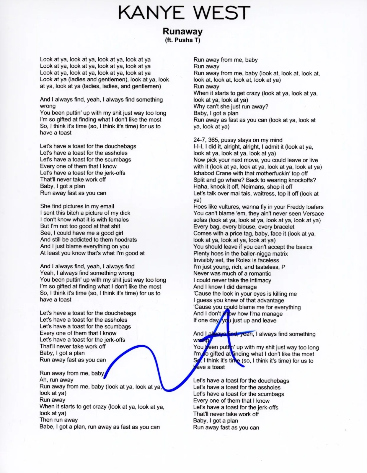 Kanye West Signed Autograph "Runaway" Lyric Sheet 8.5x11 Ye Rapper ACOA COA, image 2