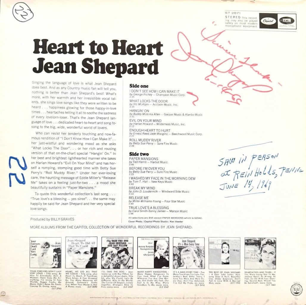 JEAN SHEPARD HAND SIGNED AUTOGRAPH LP ALBUM "HEART TO HEART", изображение 2