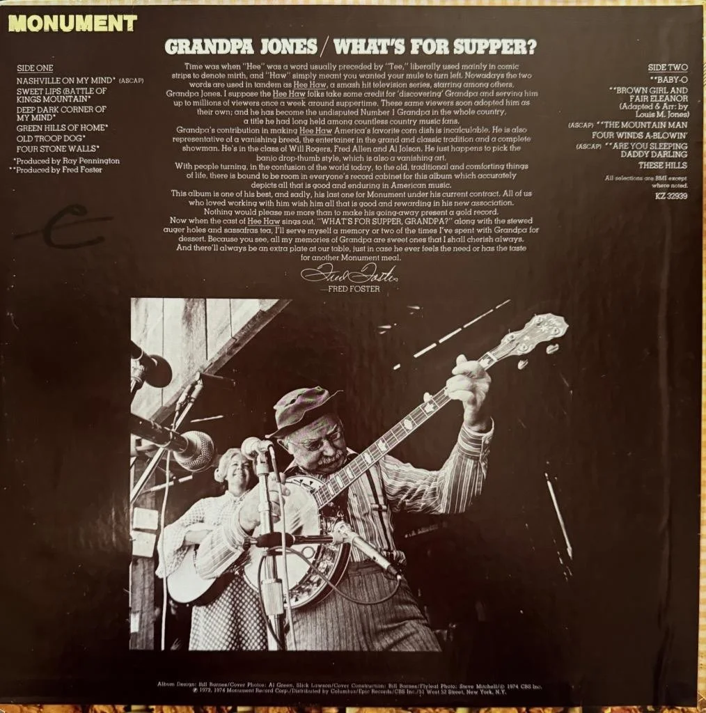 GRANDPA JONES HAND SIGNED AUTOGRAPH LP ALBUM "WHATS FOR SUPPER", изображение 2