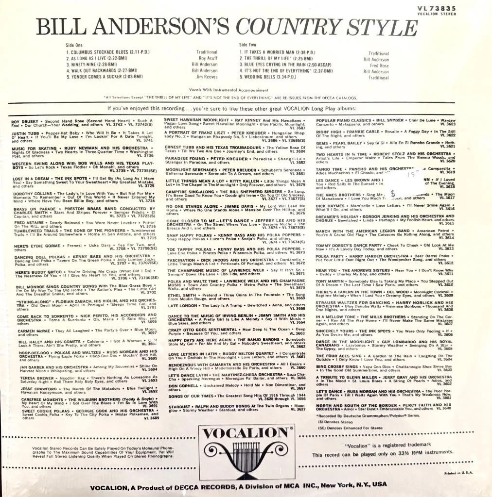 BILL ANDERSON"S HAND SIGNED AUTOGRAPH LP ALBUM "COUNTRY STYLE", image 2