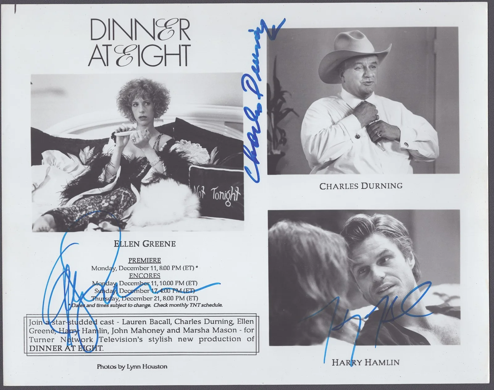 Ellen Greene, Charles Durning, Harry Hamlin — DINNER AT EIGHT TV MOVIE CAST - AUTOGRAPHED SIGNED PHOTOGRAPH WITH CO-SIGNERS