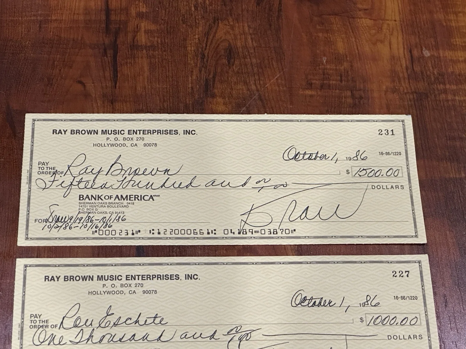 6 x Ray Brown Trio Jazz Draw Checks Signed Gene Harris Ron Eschete Mickey Roker, image 4