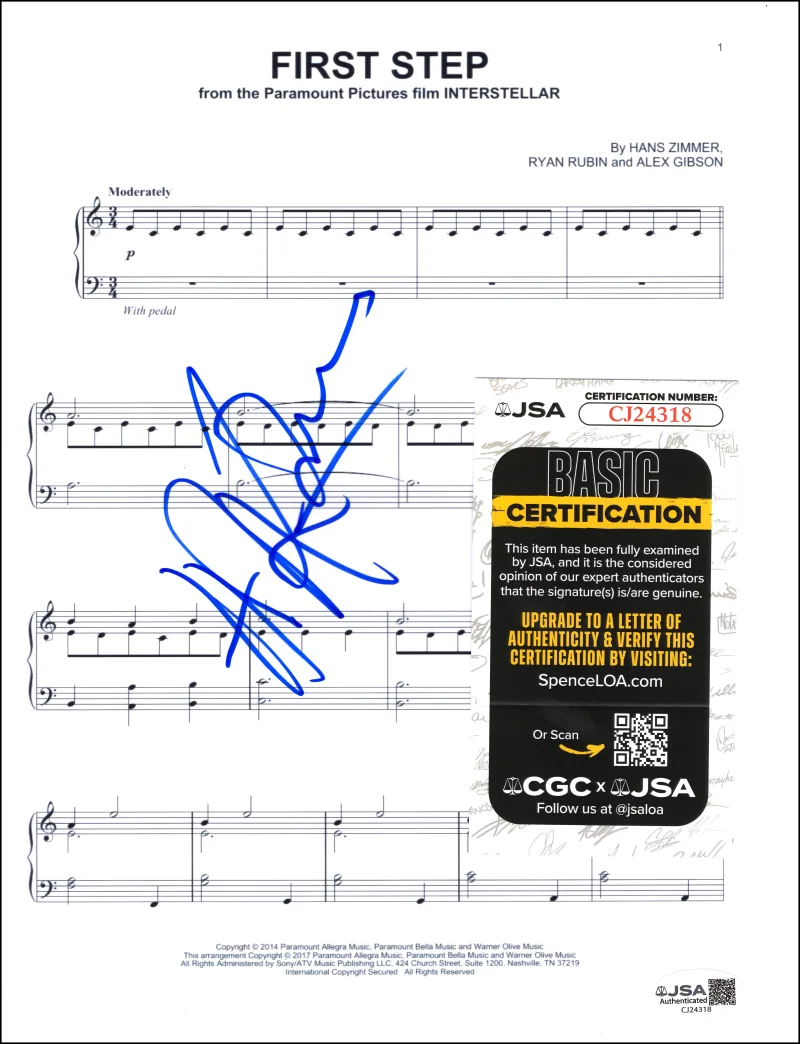 Hans Zimmer — Hans Zimmer Signed Autograph First Step Sheet Music from Interstellar w/ JSA COA, image 2