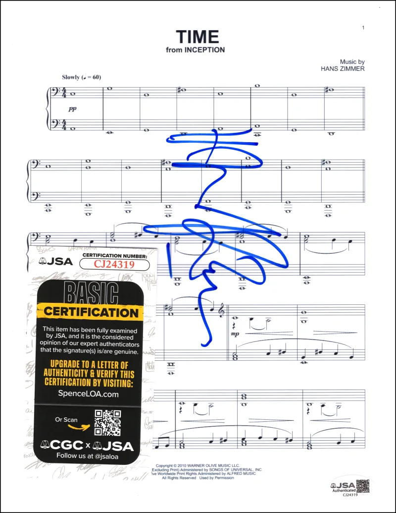 Hans Zimmer — Hans Zimmer Signed Autograph Time Sheet Music from Interstellar w/ JSA COA, image 2