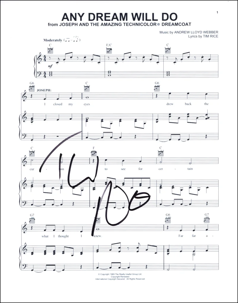 Tim Rice — Tim Rice Signed Autograph Joseph & the Amazing Technicolor Dreamcoat Sheet Music