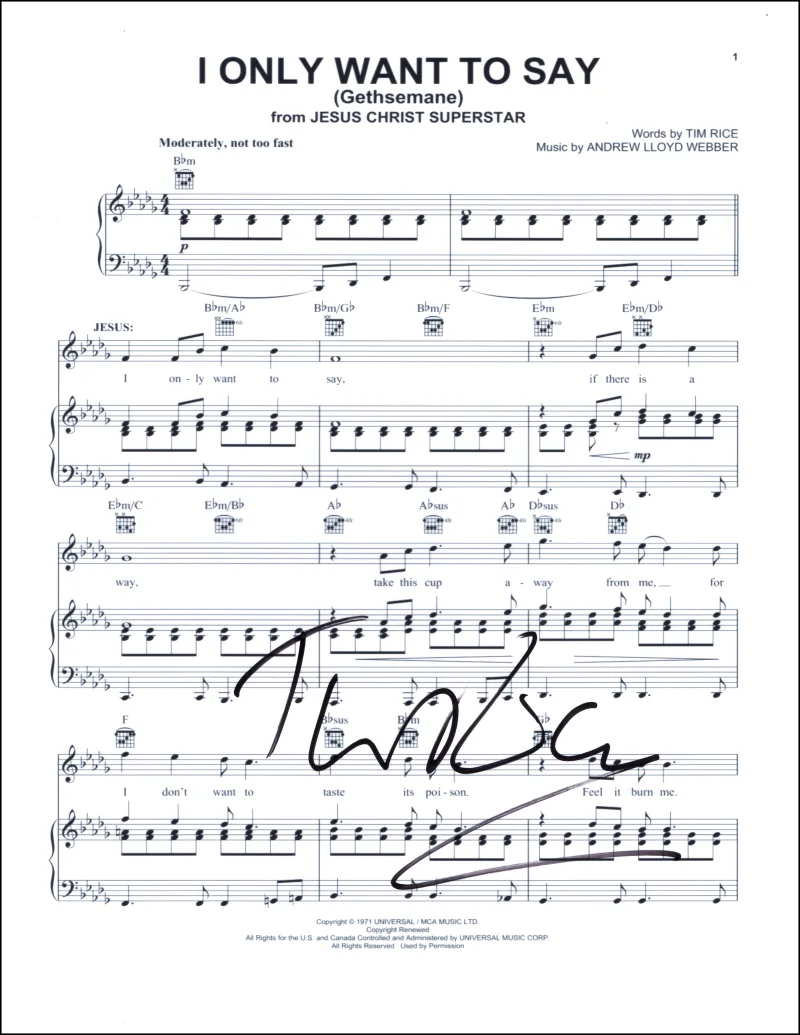 Tim Rice — Tim Rice Signed Autograph I Only Want to Say Sheet Music Jesus Christ Superstar