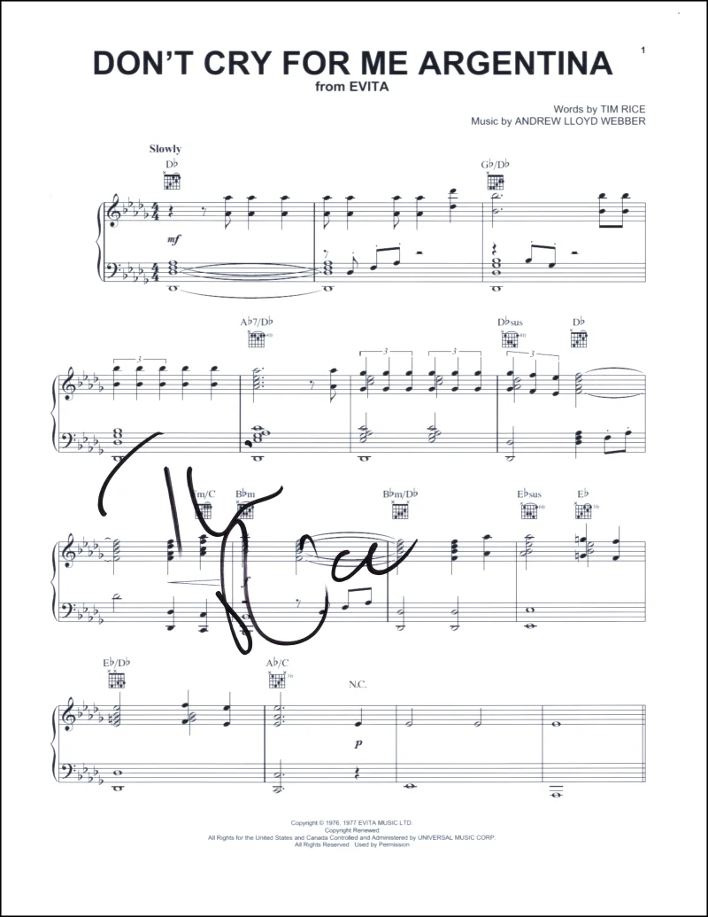 Tim Rice — Tim Rice Signed Autograph Don't Cry for Me Argentina Sheet Music from Evita