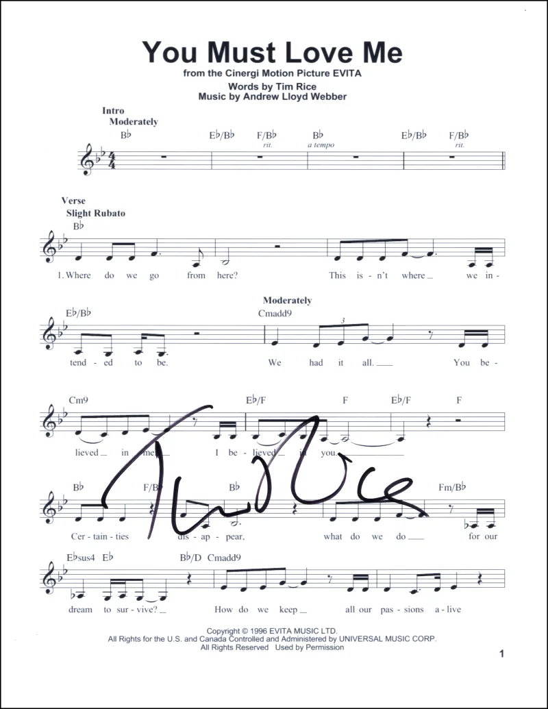 Tim Rice — Tim Rice Signed Autograph You Must Love Me Sheet Music from Broadway 's Evita